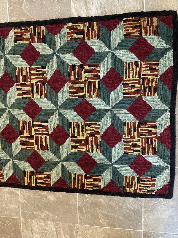 Vintage Antique Handmade Geometric Hooked Rug 40”x31” gallery