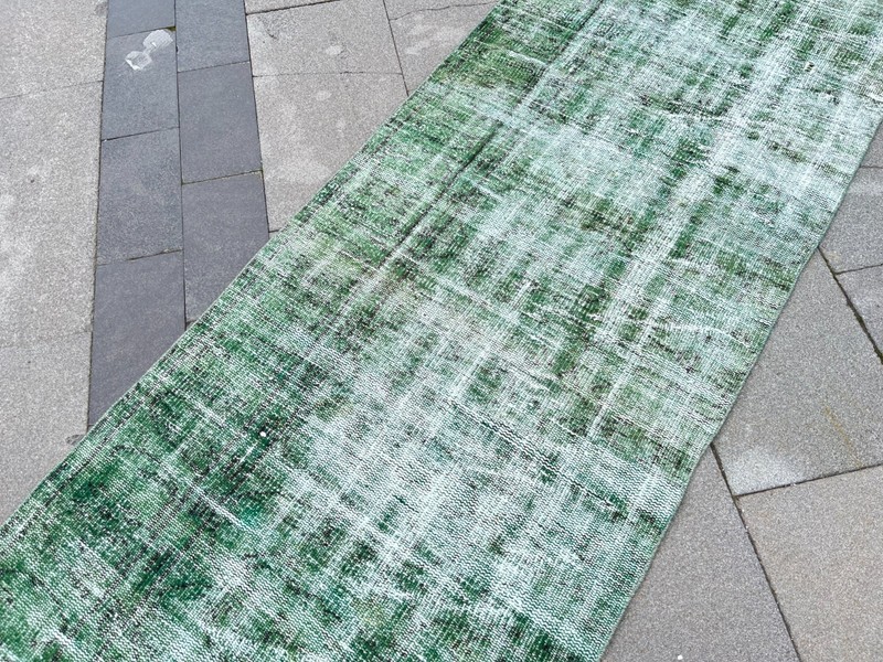 Vintage Turkish Overdyed Runner Rug 2.6x8.6 ft Green Hand Knotted Wool Rug gallery