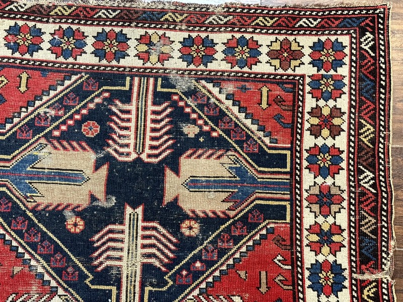 Antique Shirvan Caucasian Rug 3x5, Geometric Pattern, Red Navy Blue Beige gallery
