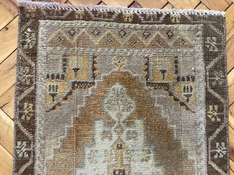 Vintage Turkish Wool Bath Rug 1.4 x 3.1 Ft Brown Handwoven Oriental Small Carpet gallery
