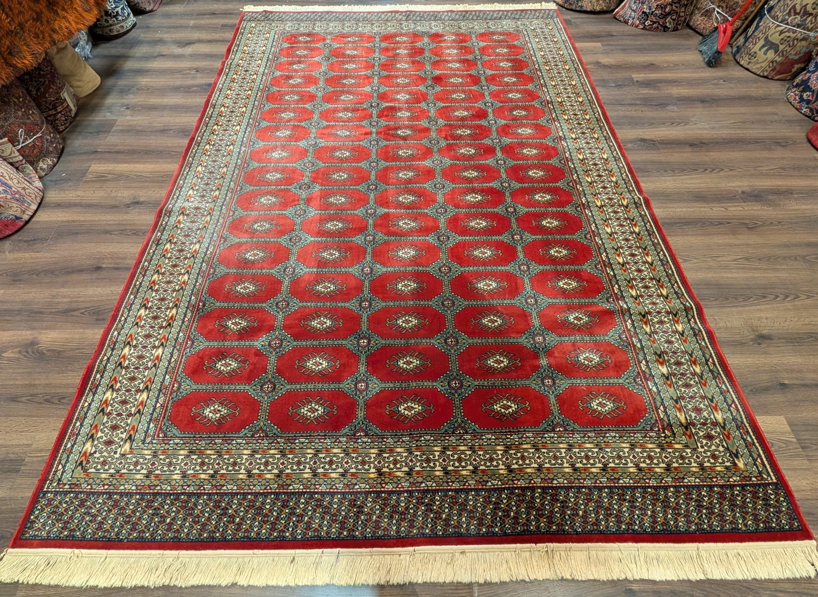 Turkoman Bokhara Rug 8x11, Tomato Red, Wool, Vintage, Belgium Power Loomed gallery