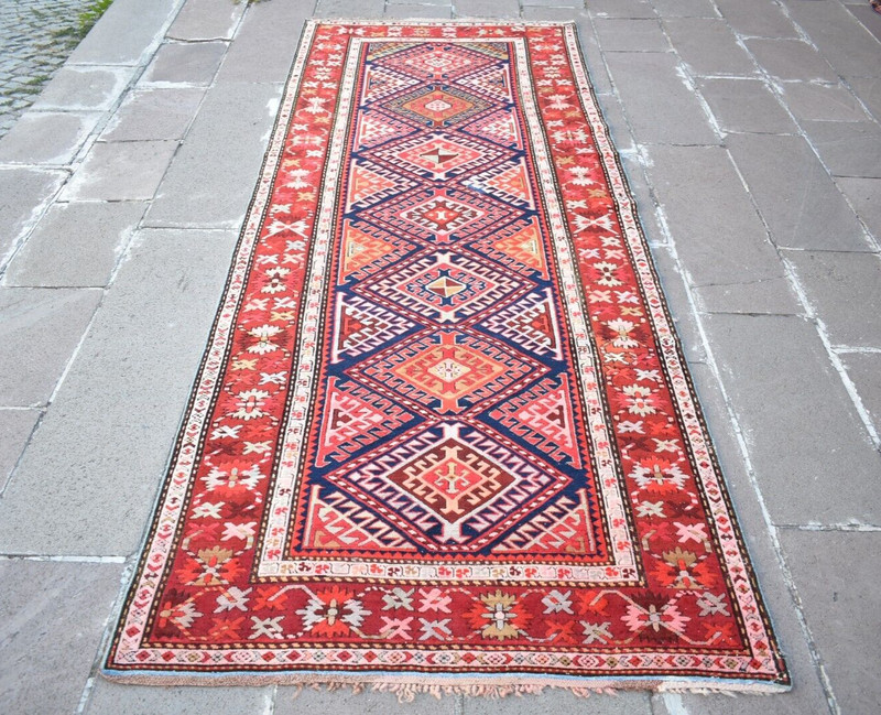 Antique Caucasian Rug 44'' x 115'' Collector's ltem Quba Runner Organic Wool Rug gallery