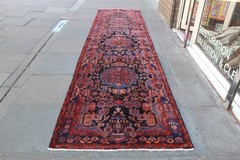 Vintage Hand Made Traditional Oriental Wool Blue Red Long Runner 455x113cm