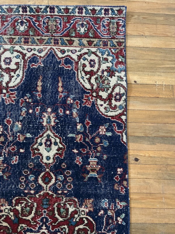 Hallway Kitchen Runner Rug 2x7 Vintage Turkish Navy Blue Red Floral Wool Mat gallery