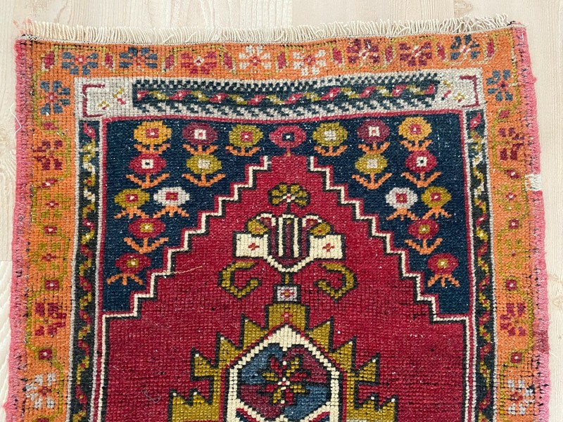 Bold Red Vintage Turkish Small Rug 1.9x3.6 ft Geometric Medallion Anatolian gallery