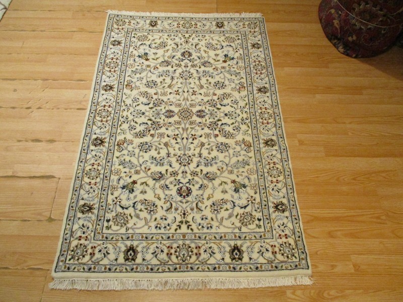 3x5 INTRICATE NAIN IVORY BACKGROUND FLORAL HANDMADE-KNOTTED WOOL/SILK RUG 585322 gallery
