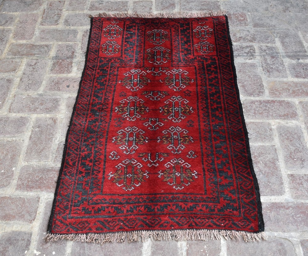 3x5 ft Vintage Hand Knotted Afghan Baluchi Wool Rug Red Oriental Antique Carpet