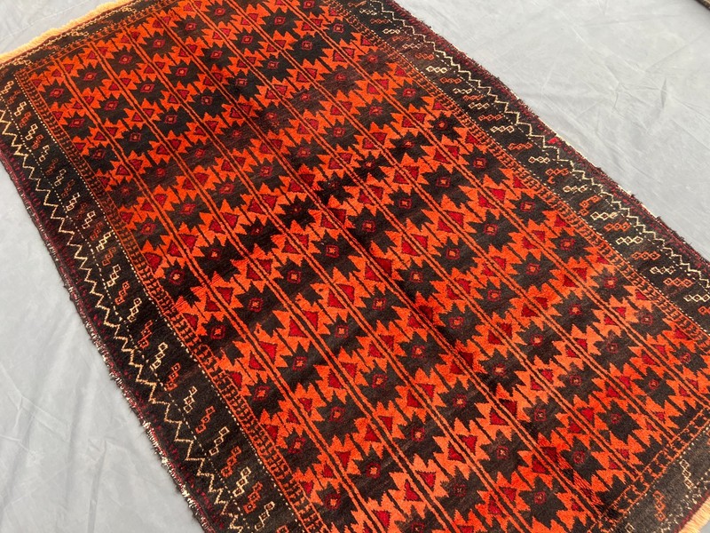 Vintage Tribal Rug 4'5x7'2 Orange Black Hand Knotted Geometric Boho Decor Carpet gallery