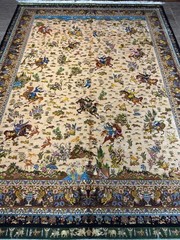 8×11 Ft Brown & Black Animal Hunting Scene Silk Area Rug Floral Oriental Carpet