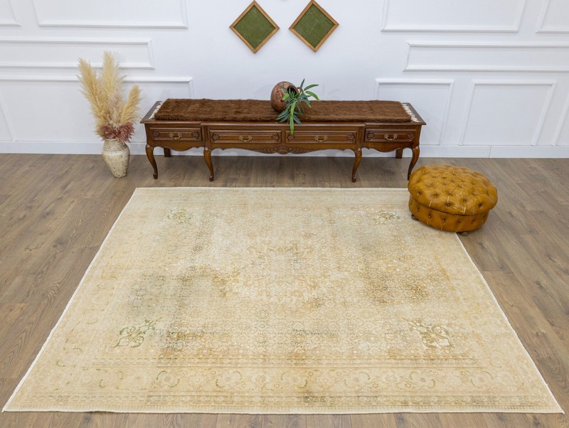 Faded Vintage Turkish Square Area Rug 6.9x7.9 ft Hand-Knotted Oushak Wool Carpet gallery