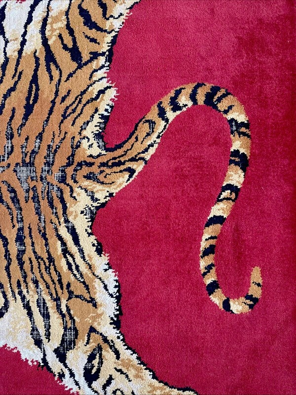 Mid-Century Belgian Moroccan Style Faux Taxidermy Bengal Tiger Red Area Rug VTG gallery