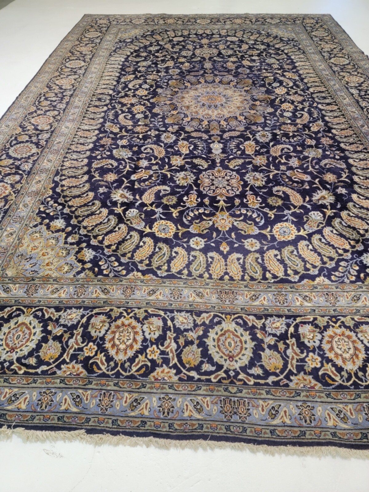 Antique Oriental Hand-Knotted Wool Area Rug Navy Blue/Ivory/Blue 10'2" x 15'10" gallery