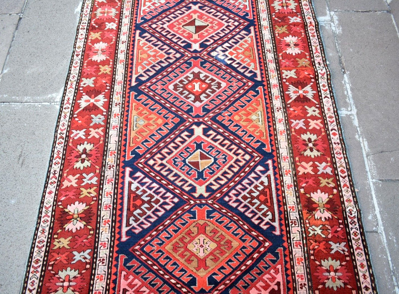 Antique Caucasian Rug 44'' x 115'' Collector's ltem Quba Runner Organic Wool Rug gallery