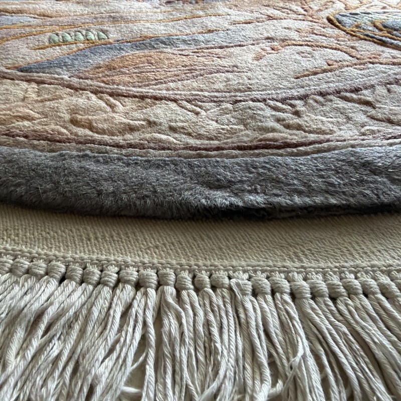 1970's ART DECO CHINESE OVAL RUG 4ft X 6ft SCENERY DESIGN Blue SOFT WOOL Bonsai gallery
