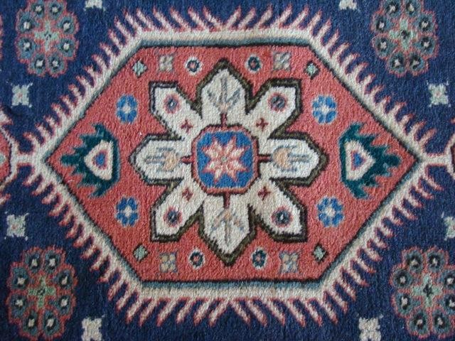 Beautiful Vintage 100% Woven Wool 40" Long Geometric Red & Deep Blue Rug gallery