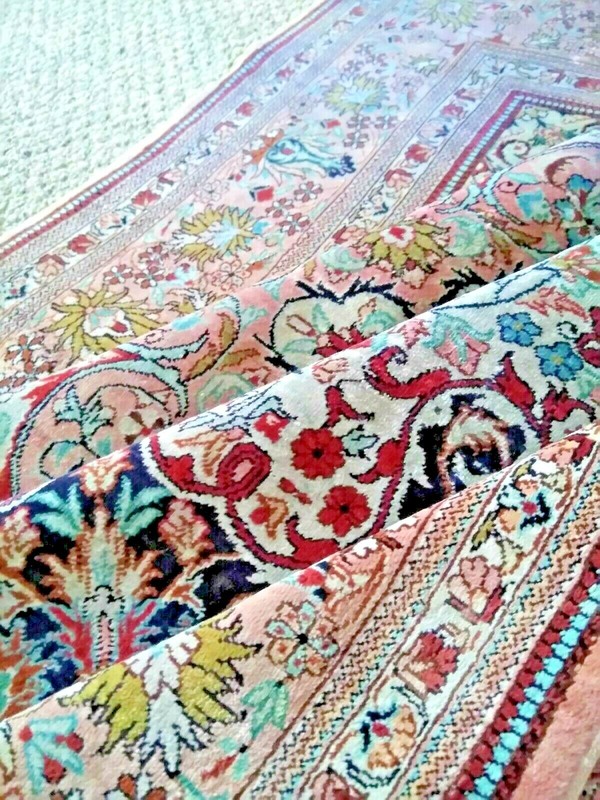 Antique 1970s EXQUISITE Fine Masterpiece Silk oriental square rug 4x4 gallery