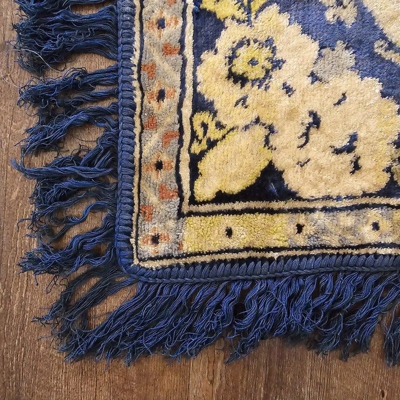Oriental Style Vintage Italian Made Fringed Carpet Blue Square 34'' x 34" gallery