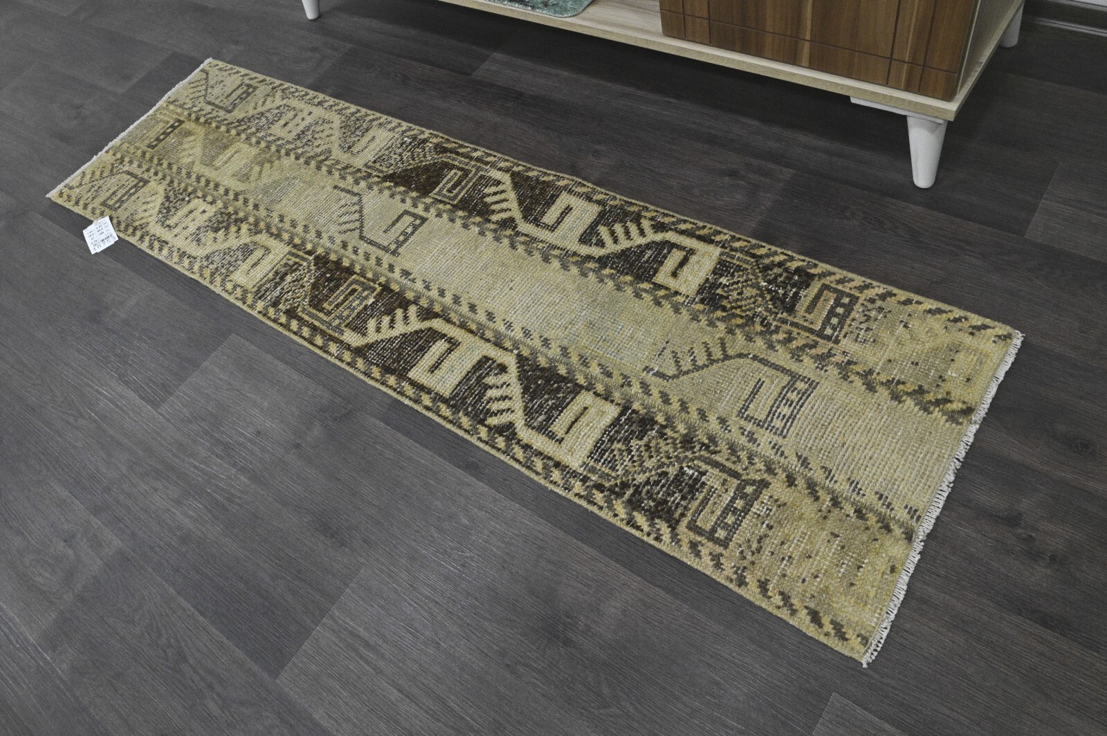 Vintage Turkish Runner Rug 2x5ft BEIGE Handmade Anatolian Oushak Hallway Wool gallery