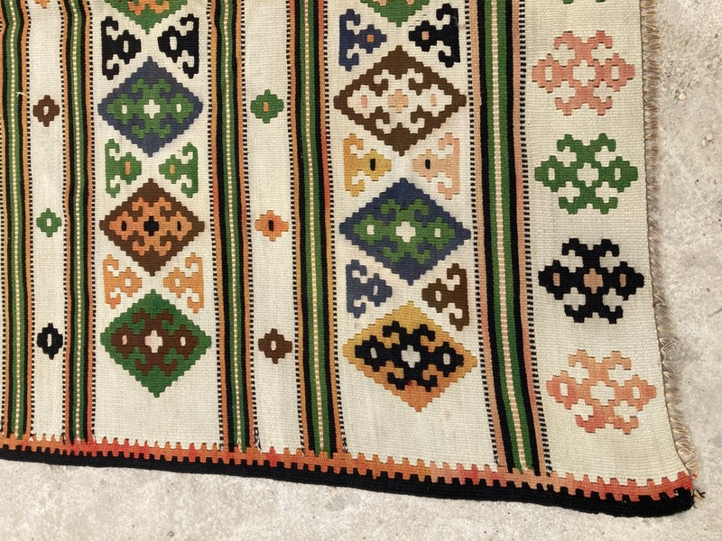 Vintage Handmade Turkish Anatolian Striped Diamond Wool Kilim Rug 241x141 cm gallery