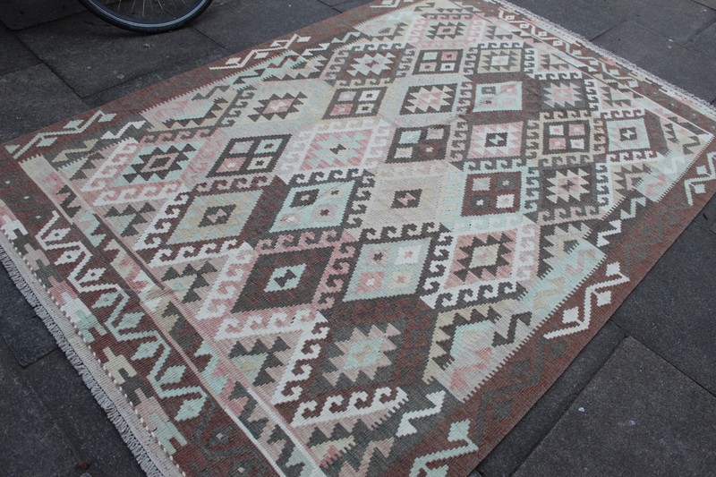 Kilim Vintage Traditional Hand Made Oriental Brown Pink Wool Kilim 245x167cm gallery