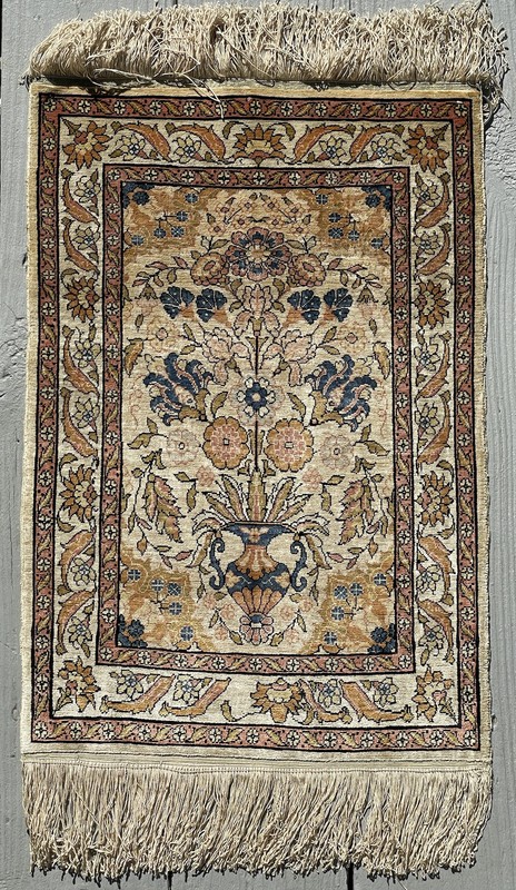15" X 22" ANTIQUE - Vintage SILK TURKISH HEREKE CARPET Prayer Rug Tree Of Life gallery