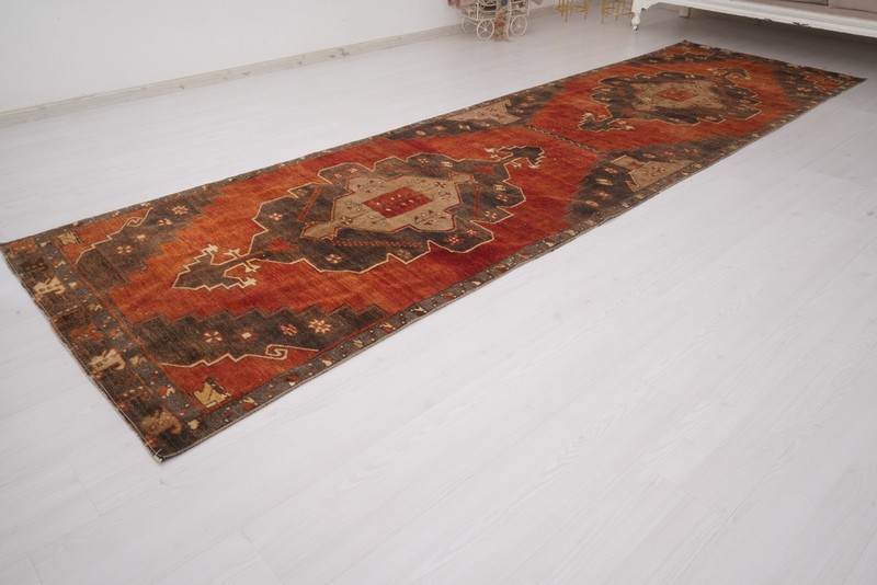 Antique Turkish Runner Rug 4x13 Vintage Neutral Handmade Old Oushak Carpet 838 gallery