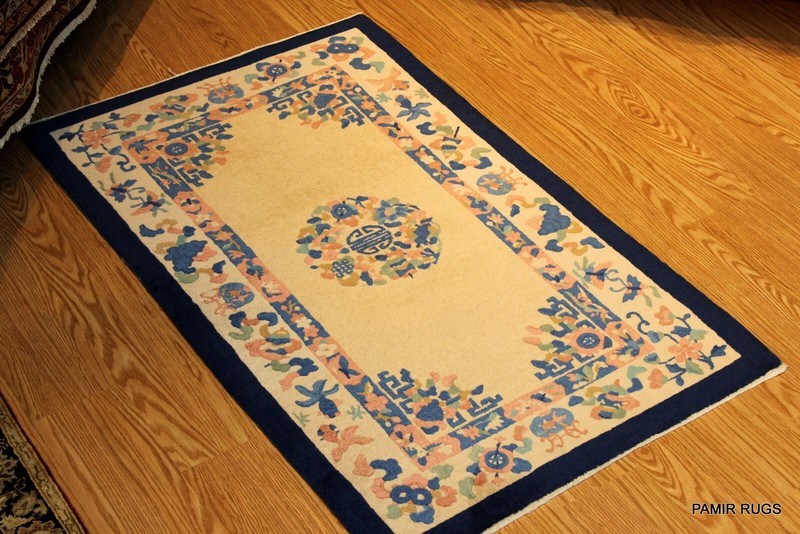 ONE OF A KIND 3x5 CHINESE RUG PEKING BLUE, BEIGE Salmon GOLD ART DECO gallery