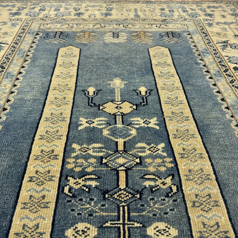 Vintage Hand Knotted Wool Oushak Rug, 4x5 Oriental Turkish in Blue Beige Tones gallery