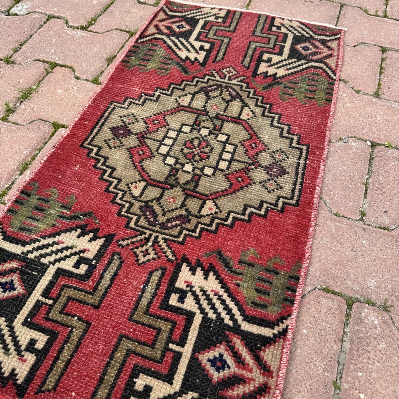 Brick Cream 1x3 Vintage Turkish Oriental Wool Rug - Tariff Free gallery