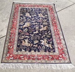 SUPER FINE SIGNED HAND WOVEN SILK HUNT SCENE PICTORIAL RUG MAT RECTANGULAR 5X3
