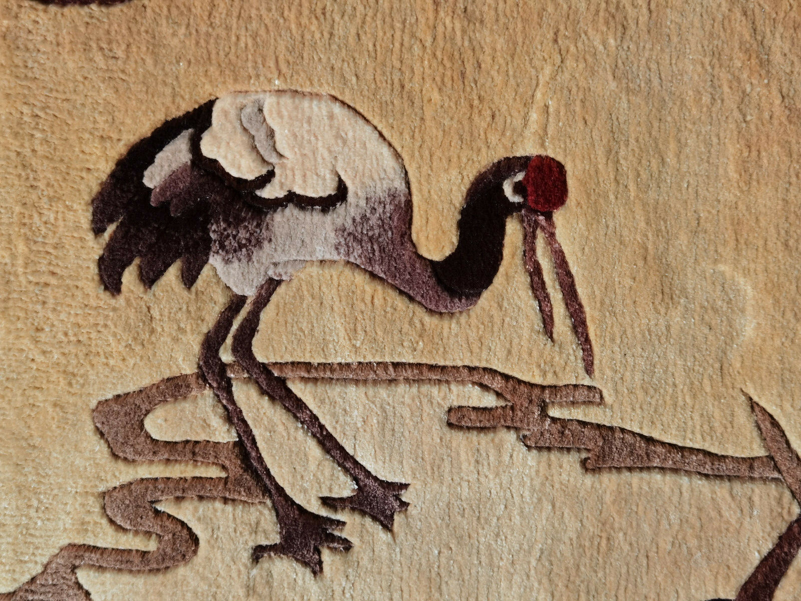 Vintage Jiangsu Chinese Hand Made Small SILK RUG Landscape With Heron Tan Wall H gallery