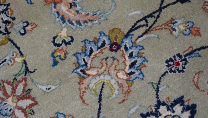 Antique Kashann Signed Birds Hand Knotted Pistachios Green Wool Rug 9'7" x 13'5" gallery