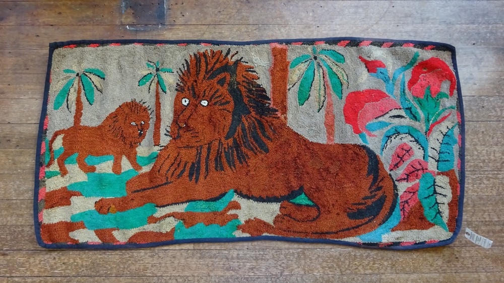 Authentic antique E.S. Frost Pattern Lions with Palms hooked rug, 30 x 60 inches