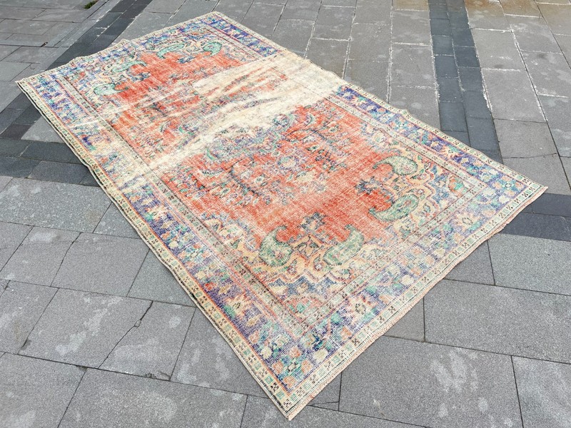 Vintage Turkish Rug 6x10 Faded Distressed Oushak Carpet 5.5x9.5 Terracotta Blue gallery