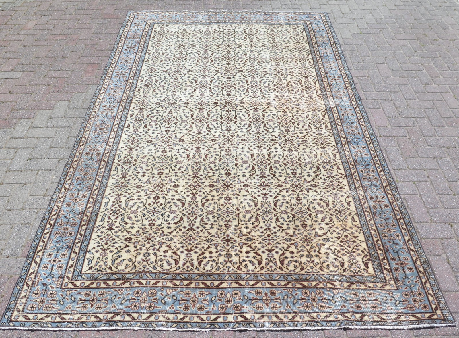 Handmade Floor Rug, Large Beige Carpet Turkish Wool Distressed Area Rug 80"X123" gallery