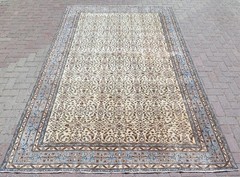Handmade Floor Rug, Large Beige Carpet Turkish Wool Distressed Area Rug 80″X123″
