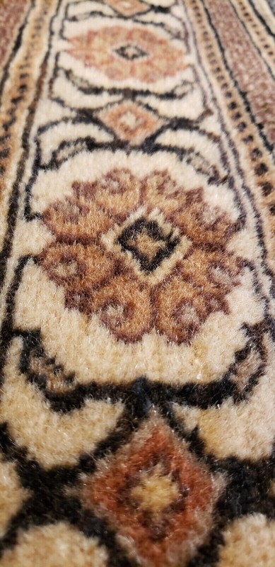 Hand-Knotted Vintage 1970's Muted Dye Geometri Patterned Bunyan Rug 4'10"×7'6 gallery