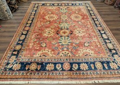 Per’sian Sultanabad Rug 8×10, Coral and Blue, Allover Pattern, Wool Mahal Carpet