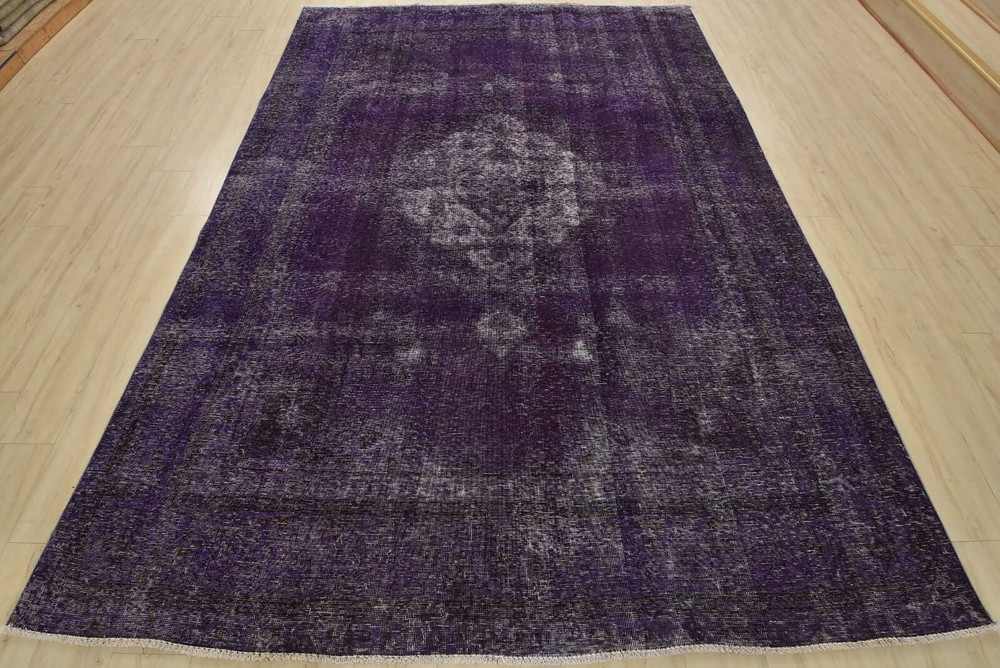 Vintage Overdyed 7’7” x 10’6” Purple Distressed Wool Hand-Knotted Oriental Rug