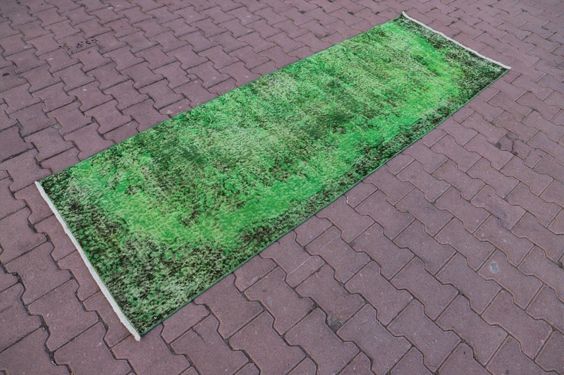 Green Runner Turkish Hand Knotted Rug Oriental Anatolian Overdyed Carpet 3x8ft gallery