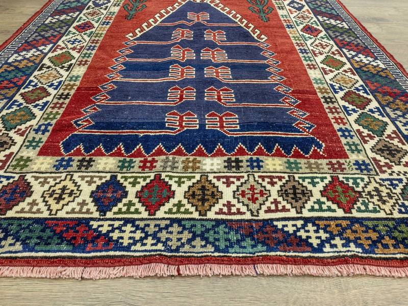 Vintage Turkish Anatolian Hand-Knotted Wool Prayer Rug Red Navy 4'3" x 5'11" ft gallery