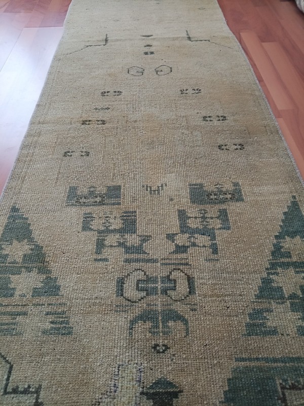 Beige Green Runner Geometric Rug Anatolian Oushak Faded Rug Handmade Rare Rug gallery