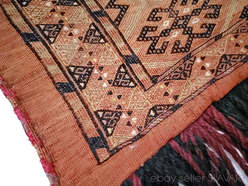 Antique Yomud torba flatweave soumak Turkmen Uzbek tent bag face Tekke silk wool gallery
