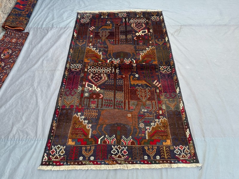 4x7 Vintage Baluchi Pictorial Animal Hunting Rug – Hand-Knotted, Tribal Rug gallery