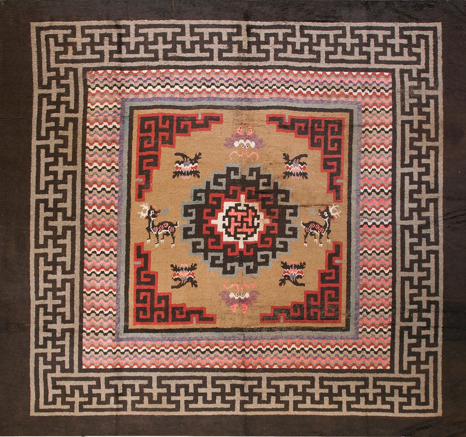 11'x12' Antique Early 20th Century Square Mongolian Animal Design Carpet Rug gallery