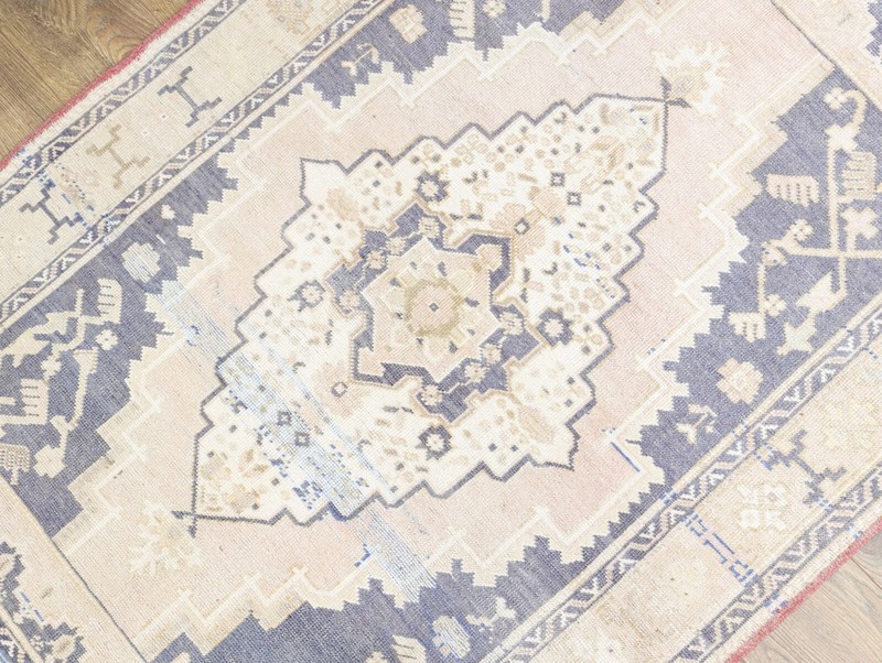 Muted Vintage Turkish Pink Blue Rug 3.11x6 ft Oushak Hand Knotted Wool Carpet gallery