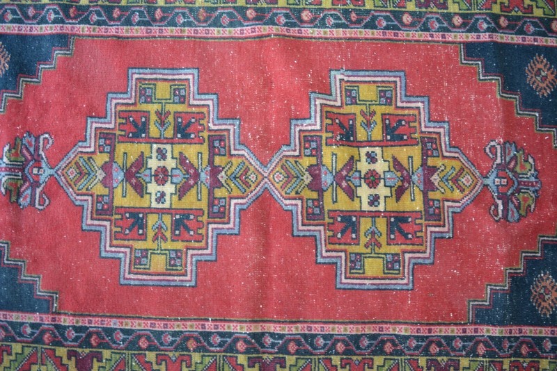 Multicolor Turkish Vintage Carpet, 3.9x7ft, Red Antique Medallion Bordered Rug gallery