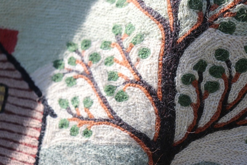 Vintage Hand embroidered Wool Rug Primitive Sheep 80.5"x 66" Ari Chain stitch gallery