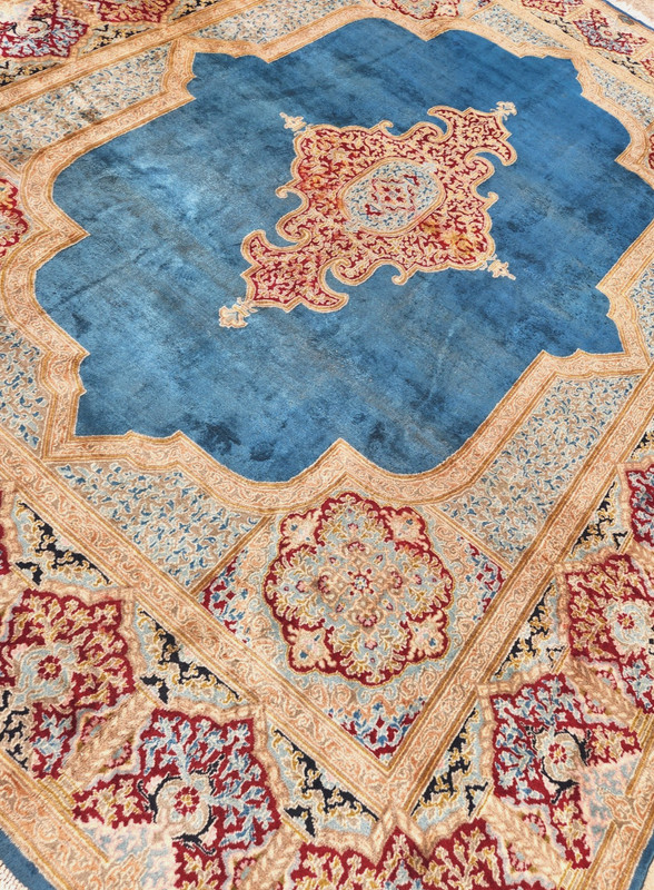 *10"X13' ORIGINAL ANTIQUE CR1920 KRMAN HAND KNOTTED MEDALLION FINE WOOL BLUE RUG gallery
