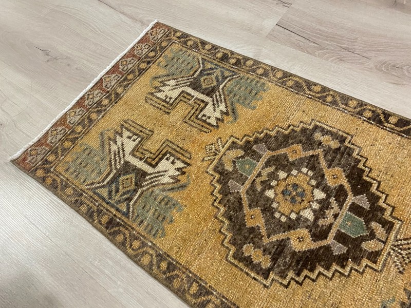 Vintage Turkish Handmade Wool Oriental Rug Gold Brown Entryway Runner 1.5x3.2 Ft gallery